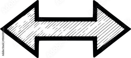 vector illustration of a sketch-style two-headed arrow. designed with black fill to simulate outlines and hatching, no white color and transparent background. ideal for directions, exchange, or proces