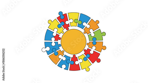 A colorful puzzle piece circle illustration with a yellow center