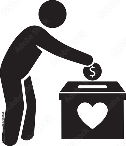 Charity Donation Icon Silhouette, Person Putting Coin in Box with Heart, Zakat and Giving Concept