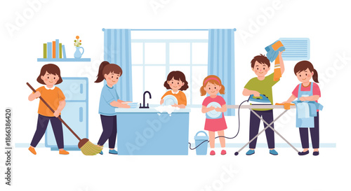 Happy family members work together in the kitchen performing household chores like sweeping, washing dishes, ironing, and drying clothes.