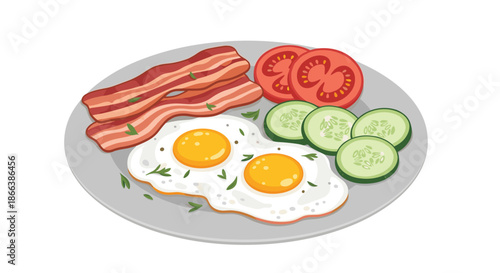 Delicious breakfast plate features two sunny side up eggs, crispy bacon strips, and fresh slices of ripe tomatoes and green cucumbers.