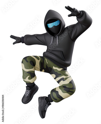 3D Ninja in Camouflage Pants and Hoodie with Action Pose