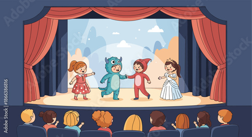 Group of young children in various costumes including a monster and a princess perform on a theater stage in front of an attentive audience.