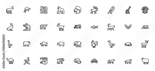 Animals icon set. Minimal vector wildlife collection featuring horse, kangaroo, snake, gorilla, squirrel, moose, bird, giraffe, rabbit, crocodile, tiger, shark, cat, lion, dog and more.