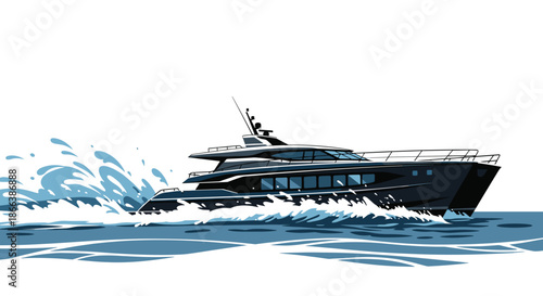 Sleek dark blue modern yacht speeding through the ocean waves with white splashes and sea spray trailing behind it under a bright blue sky.