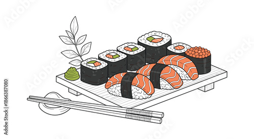 Elegant sushi set featuring nigiri with salmon and various maki rolls with salmon and roe served on a wooden board with wasabi and sticks.