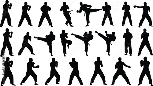 Martial arts silhouette set, karate and taekwondo poses, kicking and punching figures, black vector icons, combat stance illustration