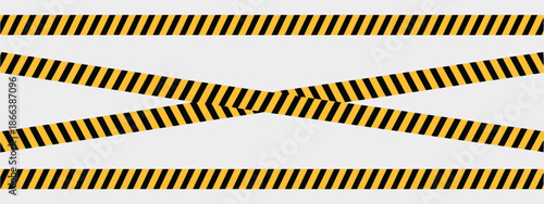 Horizontal and crossed caution tapes with black and yellow slashes, vector illustration featuring warning barricades for road work zones, construction areas, or crime scenes