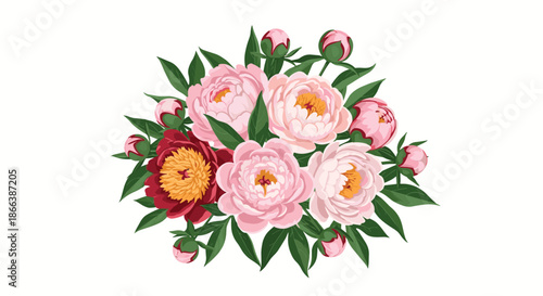 Large and dense bouquet of pink and burgundy peonies with many green leaves and unopened buds gathered in a central floral arrangement set.