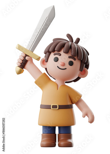 3D Cartoon Boy Holding Sword with Smiling Expression in Medieval Outfit