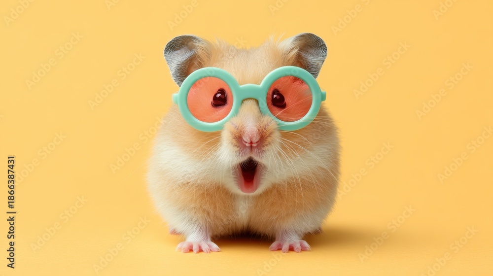 Fototapeta premium Adorable Hamster with Oversized Glasses Displaying a Surprised Expression Against a Bright Yellow Background