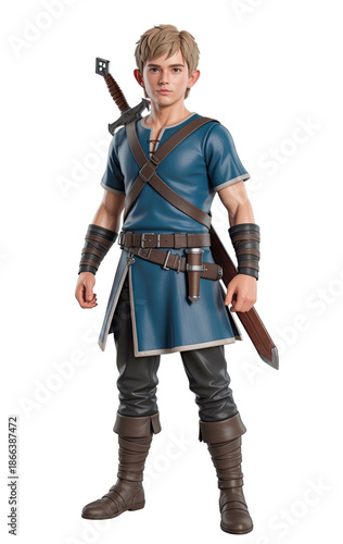 3D Young Warrior in Blue Tunic with Sword and Bow Ready for Adventure