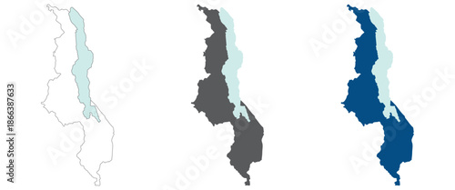 Malawi map plain set with lake. Map of Malawi in blank set.