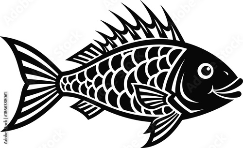 Stylized fish illustration, tribal fish design, black and white aquatic art, bold line drawing, tattoo-style fish vector