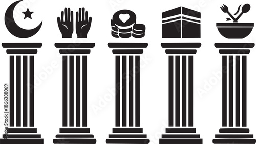 Five Pillars of Islam Concept Illustration, Religious Foundation Columns with Symbolic Icons Silhouette