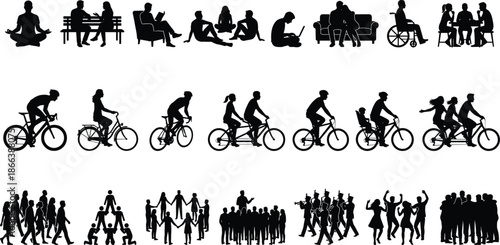Black human silhouette collection showing people sitting, cycling, socializing, family activities, crowd scenes, meditation, leisure, teamwork, and lifestyle moments for infographic and design use