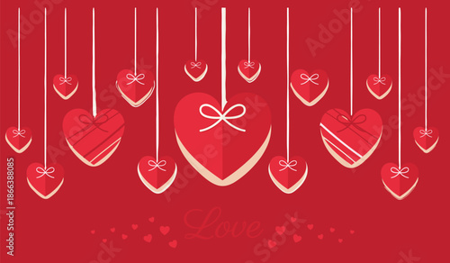 Happy Valentine’s Day red background with hanging gift heart ornaments romantic love festive greeting vector illustration design banner
