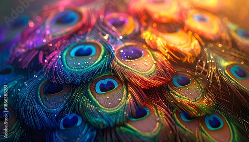Colorful peacock feathers with iridescent sheen, eye-spots visible, close up detailed macro shot