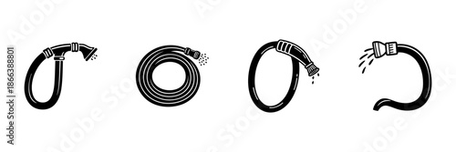 Garden Hose Illustrations In Hand Drawn Style Set. Watering, Irrigation, Gardening Tools Doodle Sketch Collection. Outdoor Maintenance Equipment. Isolated Vector Illustration