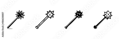 Spiked Mace Weapon Icons In Hand Drawn Style Set. Medieval Combat, Historical Warfare, Fantasy Battle Gear Doodle Sketch Collection. Vintage Armament Illustration. Isolated Vector Illustration