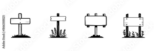 Wooden Signposts In Hand Drawn Style Set. Rustic Directional Signage, Blank Wooden Boards Doodle Sketch Collection. Outdoor Navigation, Vintage Aesthetic. Isolated Vector Illustration