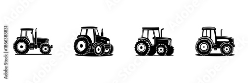 Tractor Silhouettes In Hand Drawn Style Set. Agricultural Machinery, Farming Equipment, Rural Transport Doodle Sketch Collection. Vintage Farm Vehicle Illustrations. Isolated Vector Illustration
