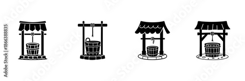 Water Well Icons In Hand Drawn Style Set. Traditional Water Source, Rural Life, And Sustainability Doodle Sketch Collection. Rustic Design Elements. Isolated Vector Illustration