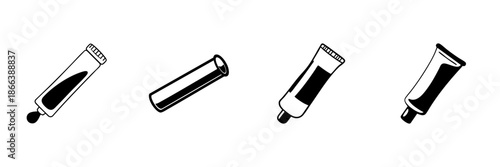 Toothpaste Tubes In Hand Drawn Style Set. Oral Hygiene, Dental Care, Toothpaste Packaging Doodle Sketch Collection. Personal Care Products. Isolated Vector Illustration