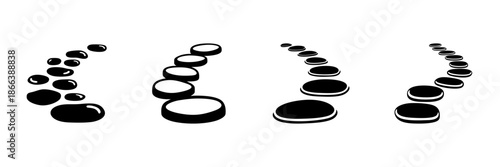 Stepping Stones Pathway In Hand Drawn Style Set. Tranquility, Balance, Zen Meditation Doodle Sketch Collection. Wellness And Mindfulness Journey. Isolated Vector Illustration