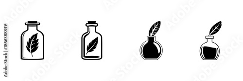 Bottles With Leaves And Quills In Hand Drawn Style Set. Natural Remedies, Herbal Medicine, And Writing Inspiration Doodle Sketch Collection. Isolated Vector Illustration