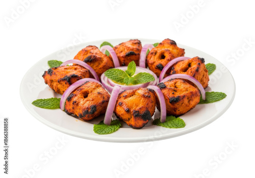 grilled chicken kebabs with onions and mint on plate