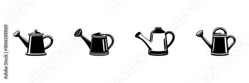 Watering Cans In Hand Drawn Style Set. Gardening Tools, Plant Care, Irrigation Doodle Sketch Collection. Vintage Garden Equipment. Isolated Vector Illustration