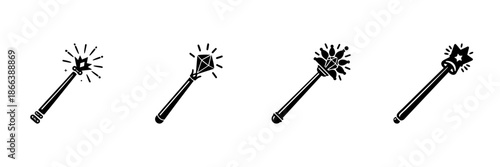 Magic Wands Collection In Hand Drawn Style Set. Fantasy, Enchantment, And Wizardry Doodle Sketch Collection. Magical Tools And Symbols. Isolated Vector Illustration