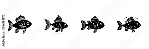 Fish Illustrations In Hand Drawn Style Set. Aquatic Life, Marine Creatures, Oceanic Doodle Sketch Collection. Decorative Nautical Art. Isolated Vector Illustration