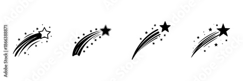 Shooting Star Icons In Hand Drawn Style Set. Celestial Navigation, Wish Fulfillment, Cosmic Inspiration Doodle Sketch Collection. Night Sky Elements. Isolated Vector Illustration