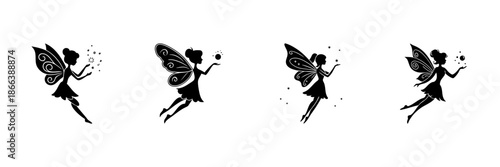 Fairy Silhouettes In Hand Drawn Style Set. Magical Creatures, Fantasy, Enchantment Doodle Sketch Collection. Whimsical And Mystical Elements. Isolated Vector Illustration