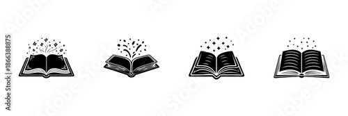 Open Books With Magical Elements In Hand Drawn Style Set. Imagination, Knowledge, And Creativity Doodle Sketch Collection. Educational Inspiration. Isolated Vector Illustration