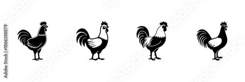 Rooster Silhouettes In Hand Drawn Style Set. Farm Animal, Poultry Symbol, Rural Life Doodle Sketch Collection. Rustic Agriculture Theme. Isolated Vector Illustration