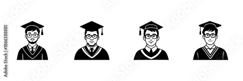 Graduation Cap And Gown Icons In Hand Drawn Style Set. Academic Achievement, Education Milestone, University Graduation Doodle Sketch Collection. Scholarly Success. Isolated Vector Illustration