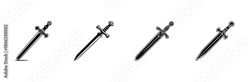 Swords In Hand Drawn Style Set. Medieval Weaponry, Historical Combat, Fantasy Adventure Doodle Sketch Collection. Isolated Vector Illustration