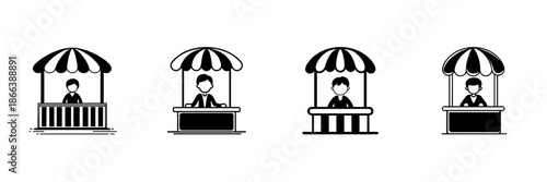 Market Stall Vendor Icons In Hand Drawn Style Set. Small Business, Street Market, Retail Booth Doodle Sketch Collection. Entrepreneurship And Local Trade. Isolated Vector Illustration