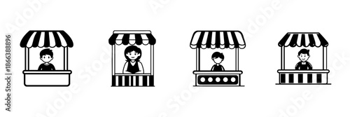 Market Stall Vendors In Hand Drawn Style Set. Small Business, Local Market, Street Food Doodle Sketch Collection. Vendor Booth Illustrations. Isolated Vector Illustration