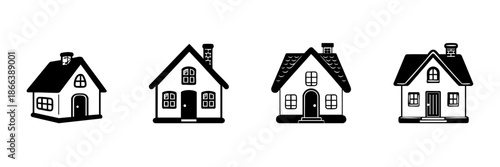 Four Cozy House Icons In Hand Drawn Style Set. Residential Architecture, Home Design, Real Estate Doodle Sketch Collection. Charming Cottage Illustrations. Isolated Vector Illustration