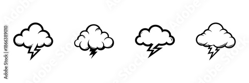 Cloud With Lightning Bolt In Hand Drawn Style Set. Weather Forecast, Storm Warning, Thunderstorm Symbol Doodle Sketch Collection. Meteorological Iconography. Isolated Vector Illustration