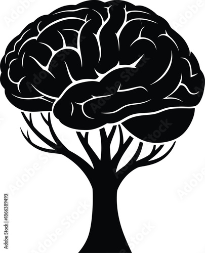 Black silhouette of human brain growing on tree symbol of intelligence learning and nature connection