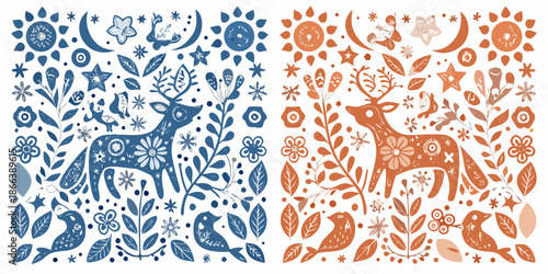 Charming folk art featuring deer birds and celestial motifs in blue and orange