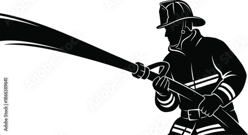 Firefighter silhouette using high pressure water hose for fire rescue service