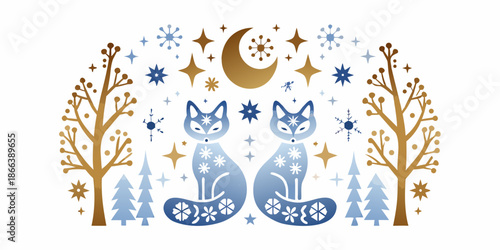 Winter scene with two foxes moon stars and stylized trees