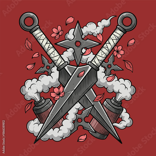 Japanese Ninja Weapons and Cherry Blossoms.