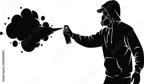 Silhouette of a man wearing a hoodie and gas mask spraying graffiti with a can vector art